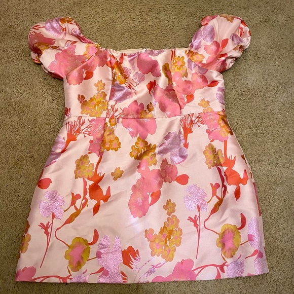 Lulus So Stunning Pink & Orange Multi Floral Jacquard Puff Sleeve Mini Dress XXL - Picture 3 of 8
